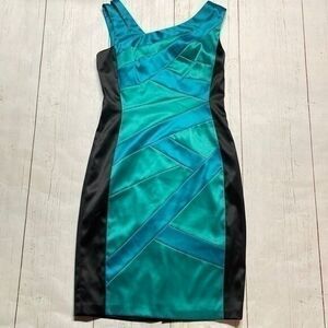 Sangria woman’s sheath dress. Black/turquoise/green. Size 8.